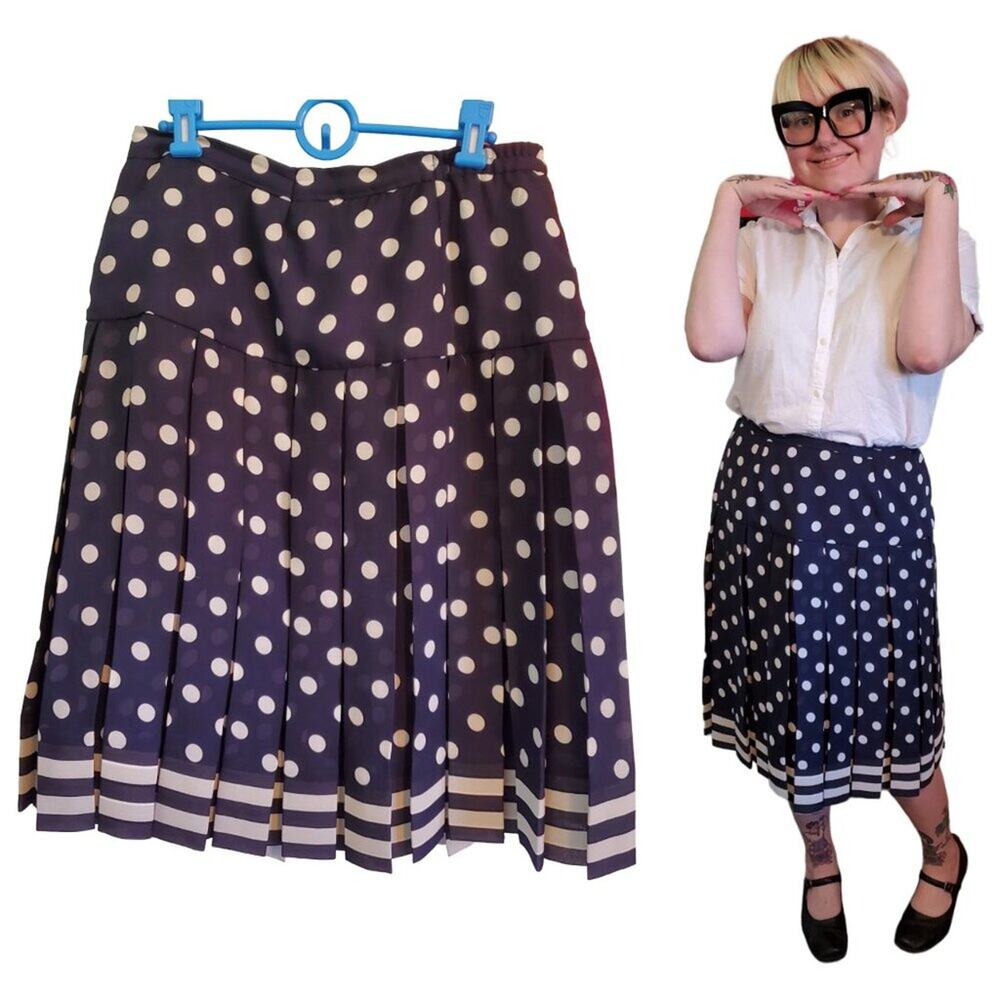 Vintage Navy Blue White Polka Dot Pleated A Line Midi Skirt Size 16